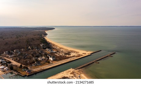 A High Angle Aerial View Over The Shinnecock Canal In Hampton Bays, NY On A Beautiful Day.