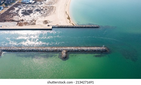 A High Angle Aerial View Over The Shinnecock Canal In Hampton Bays, NY On A Beautiful Day.