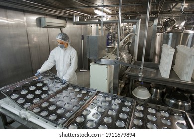 High Angle Background Image Of Industrial Conveyor Belt At Clean Food Production Factory With Unrecognizable Female Worker, Copy Space