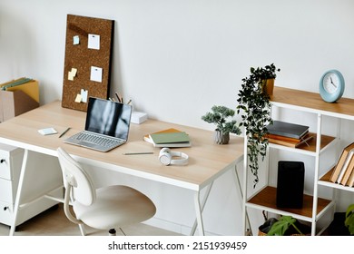 High Angle Background Of Simple Home Office Workplace Decorated With Plants, Copy Space