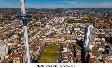 High angle city panorama featuring British Airways i360 tower and Regency square
