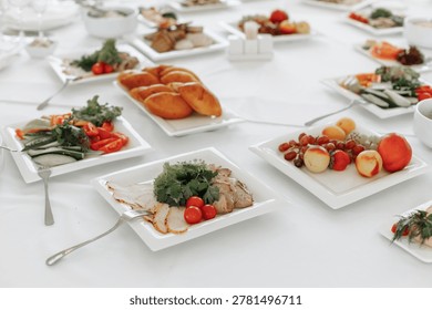 High angle close-up of diverse cold appetizers including meat rolls, fresh salads, and vegetables served on square white plates.