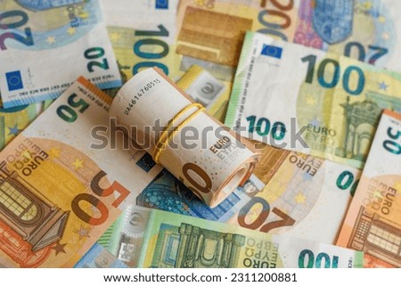 A high angle closeup shot of different euro bills altogether
