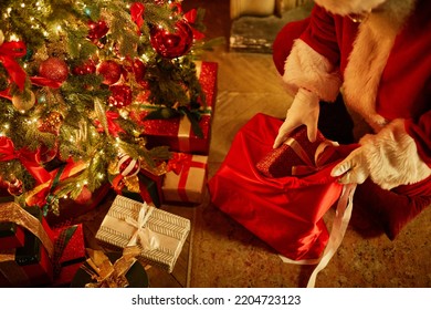 High Angle Closeup Of Traditional Santa Claus Putting Presents Under Christmas Tree, Copy Space