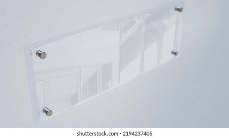 High Angle Close-up View Of Blank Glass Nameplate Mounted On White Wall, Copy Space. Unaltered, Shape, No People, Communication, Modern, Rectangle.