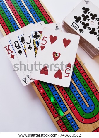 High Angle Cribbage Board with Cards and Pegs