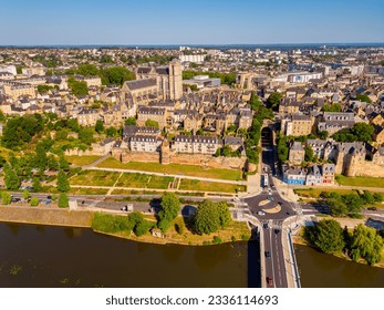 High angle Drone Point of View on the City of Le Mans, Pays de la Loire, Northwestern France on summer day. Le Mans is best known for the annual 24-hour automobile race in June.
