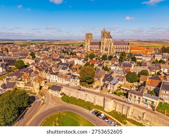 High angle Drone Point of View on Laon, a city in the Aisne department in Hauts-de-France in northern France. It is the prefecture of the Aisne department, known for the gothic Laon Cathedral. Laon has bout 25,000 inhabitants.