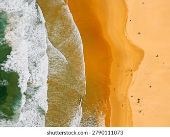 High angle Drone Point of View on Beach of Carrapateira, Algarve, Portugal along the Atlantic Ocean, looking straight down