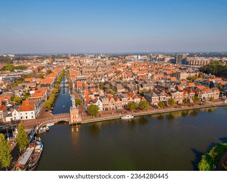 High angle Drone Point of View on Canals in City Center of Alkmaar, North Holland, The Netherlands on summer day in September