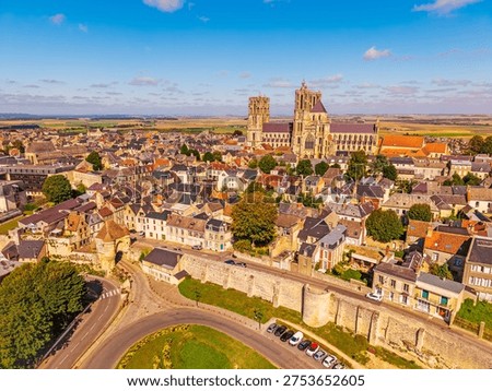 High angle Drone Point of View on Laon, a city in the Aisne department in Hauts-de-France in northern France. It is the prefecture of the Aisne department, known for the gothic Laon Cathedral. Laon has bout 25,000 inhabitants.