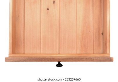 High Angle Of An Empty Kitchen Or Dresser Drawer.  The Wooden Drawer Is Isolated On A White Background And Has A Black Metal Knob.