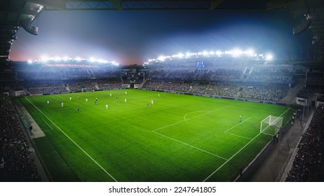 High Angle Establishing Shot: Stadium with Soccer Championship Match. Teams Play, Crowds of Fans Cheer. Football Cup Tournament. Sport Channel Television Concept, Screen Content. Wide Shot. - Shutterstock ID 2247641805