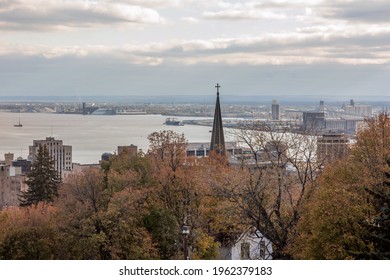 A High Angle Fall Cityscape View of Duluth, Minnesota and Superior, Wisconsin from Cascade Park over Lake Superior