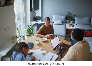 High Angle Home Scene Of Modern Multiracial Family At Dinner Table In Kitchen, Copy Space