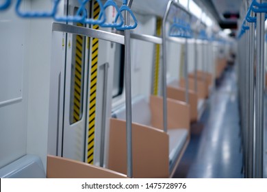 high angle inside of empty brand new subway car. Perspective view