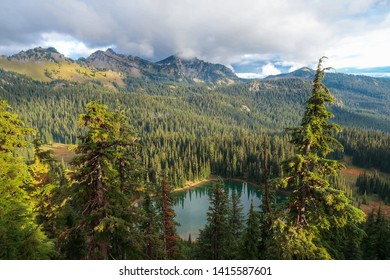 High Angle Landscape Of Mountains, Forest, And Small Lake In Mount Rainier National Park In Washington