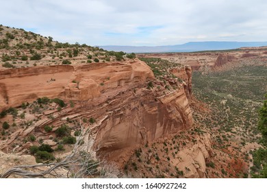 High Angle Landscape Of Red Stone Cliff And Greenery At Colorado National Monument In Colorado