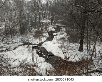 A high angle landscape view looking down into a snowy ravine. A dark, narrow creek winds through a dense winter forest filled with bare deciduous trees and brush under a gray overcast sky.