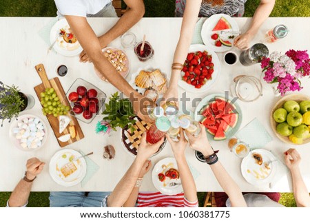 High angle of multicultural friends toasting at a table with healthy food for vegetarians
