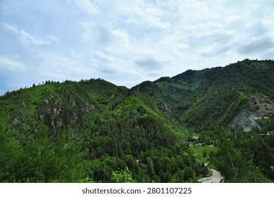 High angle panoramic view of a narrow mountain road winding through a lush green valley at the base of steep hillsides covered in coniferous forest under a cloudy sky.
