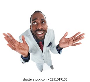 High angle, perspective or confused businessman on isolated white background, marketing space or advertising mockup. Thinking, curious and doubt for corporate worker with question emoji face or hands - Powered by Shutterstock