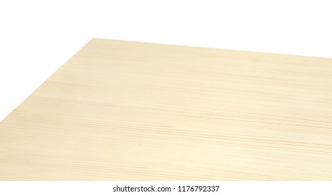 High angle perspective view of wood or wooden table corner on white background including clipping path
