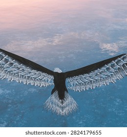 High angle shot of a bald eagle gliding with fully open wings over blue water at sunset