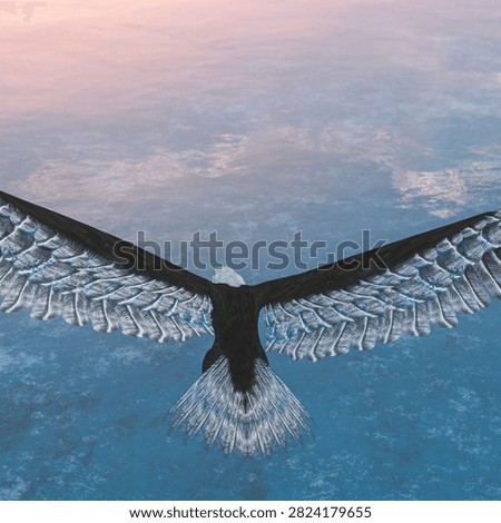 High angle shot of a bald eagle gliding with fully open wings over blue water at sunset