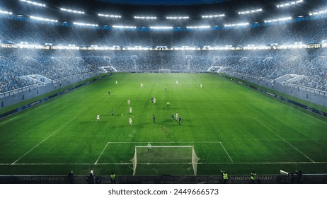 High Angle Shot Behind Galkeeper Gates: Stadium with Soccer Championship Match. Teams Play, Crowds of Fans Cheer. Football Tournament. Sports Channel Broadcasting Final Game Of The Season.