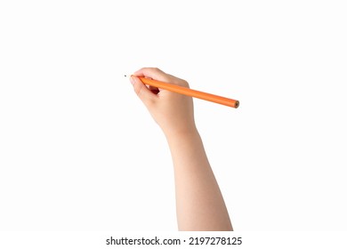 High angle shot of child hand draws a orange pencil with white background - Powered by Shutterstock