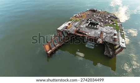 High angle shot of a decaying platform at Homebush Bay, Wentworth Point, Parramatta, serving as a sanctuary for white seagulls and moss.