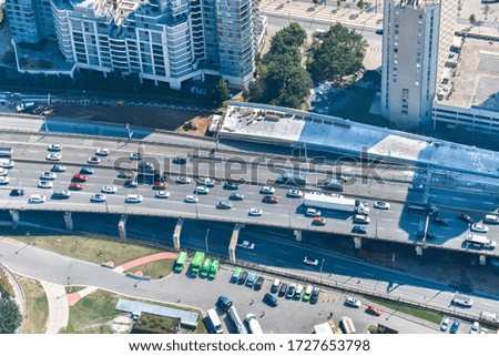 A high angle shot of a highway full of cars captured in Toronto, Canada