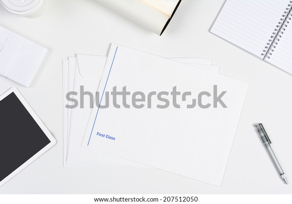 High Angle Shot Neat White Desk Stock Image Download Now