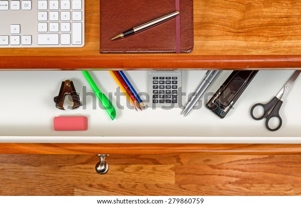 High Angle Shot Open Desk Drawer Stock Image Download Now