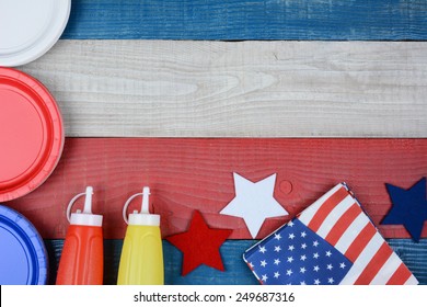 High Angle Shot Of A Patriotic Red, White And Blue Picnic Table. Horizontal Format With Copy Space. Perfect For American Holidays: 4th Of July, Memorial Day Or Veterans Day.