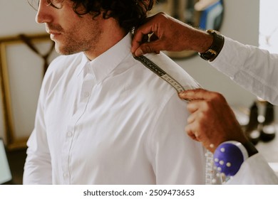 High angle shot of tailors hands taking measurements of male shoulder - Powered by Shutterstock