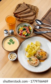 High Angle, Top View Advertisement Photo Of Fully Set Table In A Cafe, Wooden Table, Three Course Meal