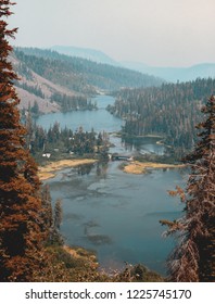 High angle vertical landscape view of Twin Lakes in Mammoth Lakes, California, USA. Twin Lakes is located in Mono County along the eastern side of the Sierra Nevada mountain Range 