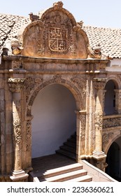 High angle view of the 18th century patrimonial entrance to the National Museum of Ethnography and Folklore, the colonial-style former Palacio de Los Condes de Arana, La Paz, Bolivia