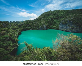 High Angle View Of Amazing Emerald Green Inland Saltwater Lagoon Surrounding With Limestone Mountain. Thale Nai, Mae Koh Island, Mu Koh Ang Thong National Marine Park, Near Koh Samui, Thailand.