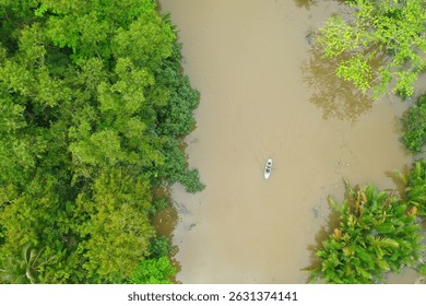 High angle view of the Amazon River, a river located in South America, originating in Peru.