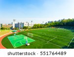 High angle view of artificial turf on the athletic soccer field at the track stadium on the campus of Korea University in Seoul, South Korea. Horizontal