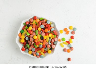 High angle view assorted candies in a bowl