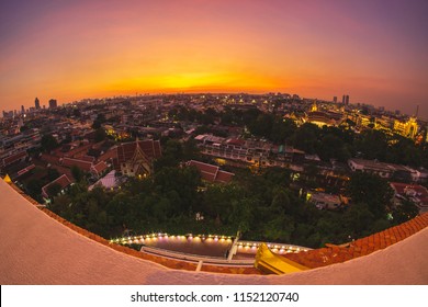 High Angle View Beautiful Cityscape On Sunset At Bangkok, Thailand Taken By Fisheye Lens