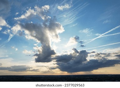High Angle View of Beautiful and Dramatic Sky with Clouds over Luton city of England UK During Sunset.