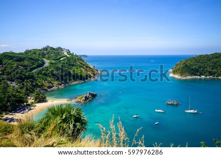 High angle view beautiful landscape of the island and Andaman sea from Windmill viewpoint is a famous attractions of Phuket Province in Thailand