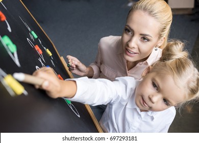 high angle view of beautiful mother and daughter learning numbers on chalkboard
