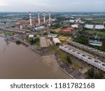 High angle view of big electrical power plant next to Bangpakong river in Thailand. shot by drone.