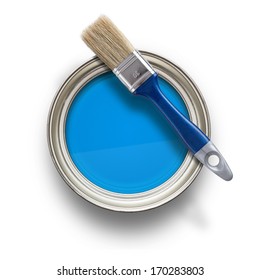 High angle view of blue paint can with brush isolated on white background